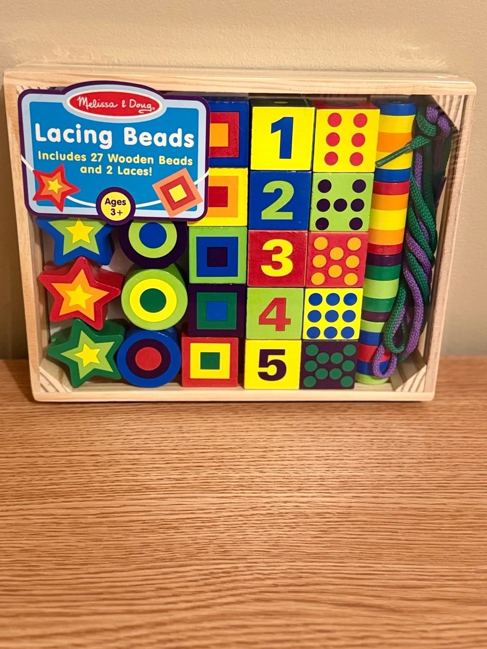 New in box . Melissa & Doug Bright Multicolor Wooden Lacing Beads Set
